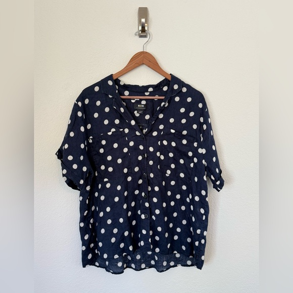 Anthropologie Maeve Navy Polka Dot Top 100% Linen, Button-Up, Size XL - Picture 2 of 7
